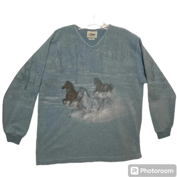 Vintage Artisans Women's V-Neck Fleece Hand Painted USA Winter Wild Horses Soft - Picture 1 of 7